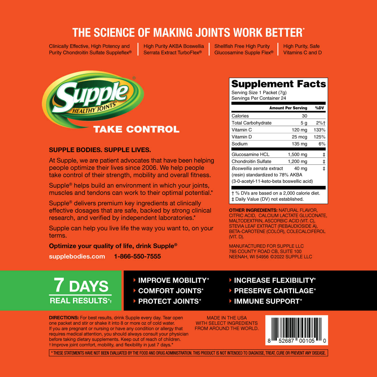 Supple Drink Instant bag back with Supple ingredients pharma-grade chondroitin & supplement facts.