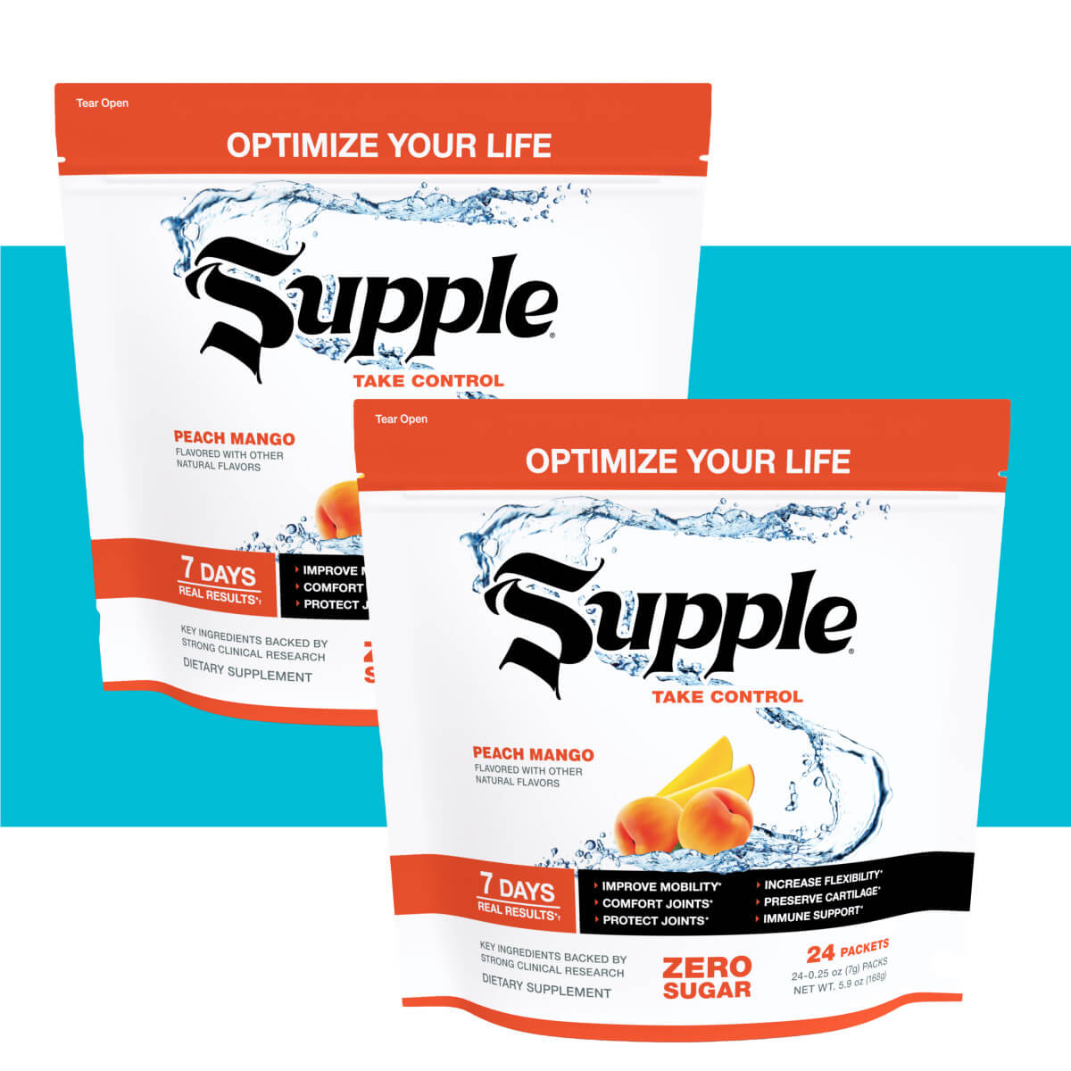 Supple Instant with Boswellia serrata 2 bags on diagonal with blue background stripe.