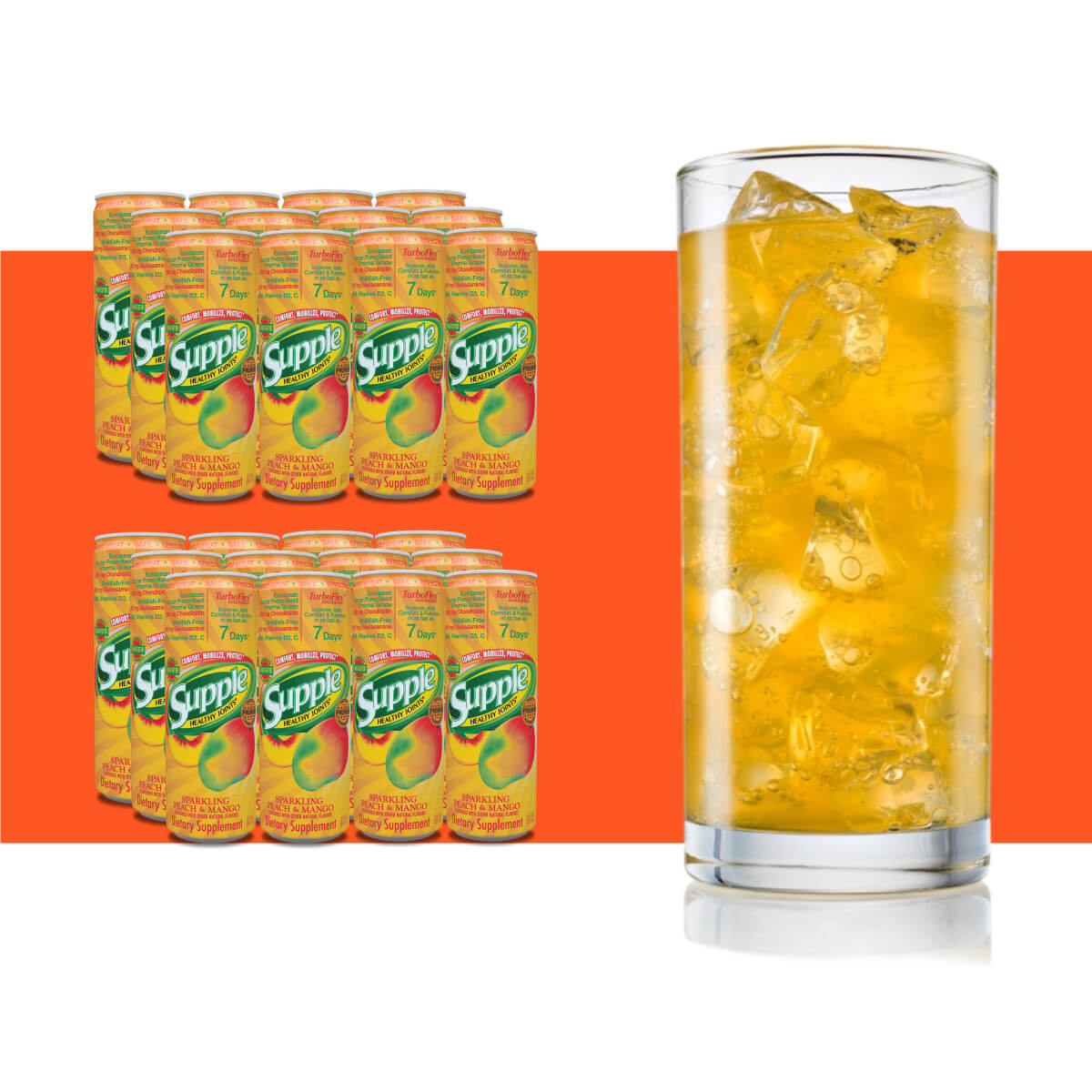 Supple Drink with glucosamine and boswellia serrata 2 cases, 24 cans, with orange stripe.