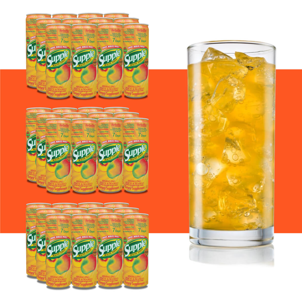 Supple Drink with glucosamine chondroitin 3 cases, 36 cans, with orange stripe.