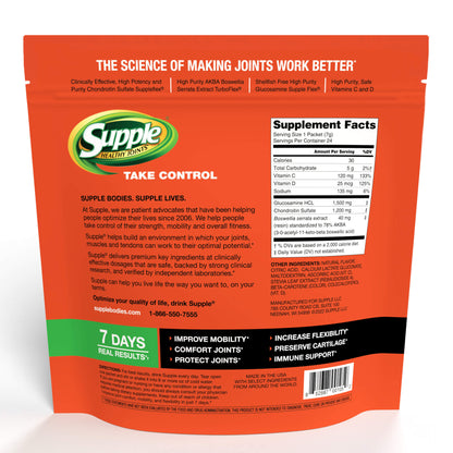 Supple Drink Instant bag back with Supple ingredients pharma-grade chondroitin & supplement facts. Tip: Stronger muscles help joint pain.
