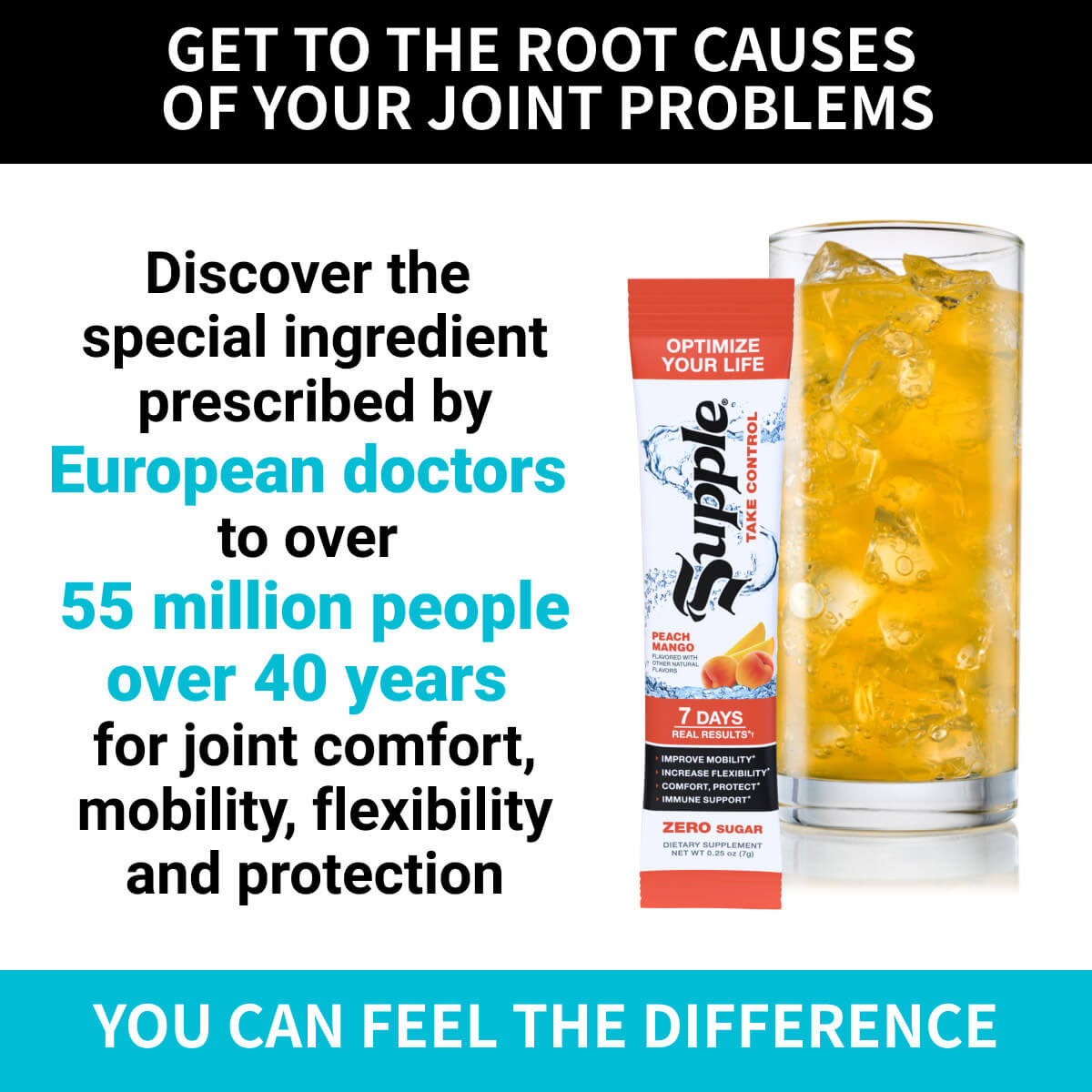 Supple Drink Instant stick & glass of Supple on ice with facts about doctor prescribed chondroitin.