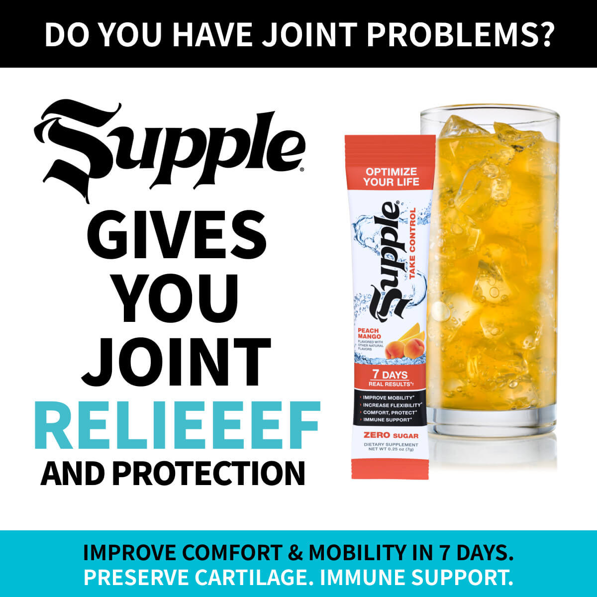 The words “Supple gives joint relief” next to Supple Drink Instant stick and glass of Supple on ice. Tip: Strong leg muscles help knee pain.