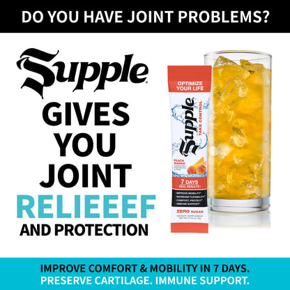 The words “Supple gives joint relief” next to Supple Drink Instant stick and glass of Supple on ice. Tip: Strong leg muscles help knee pain.
