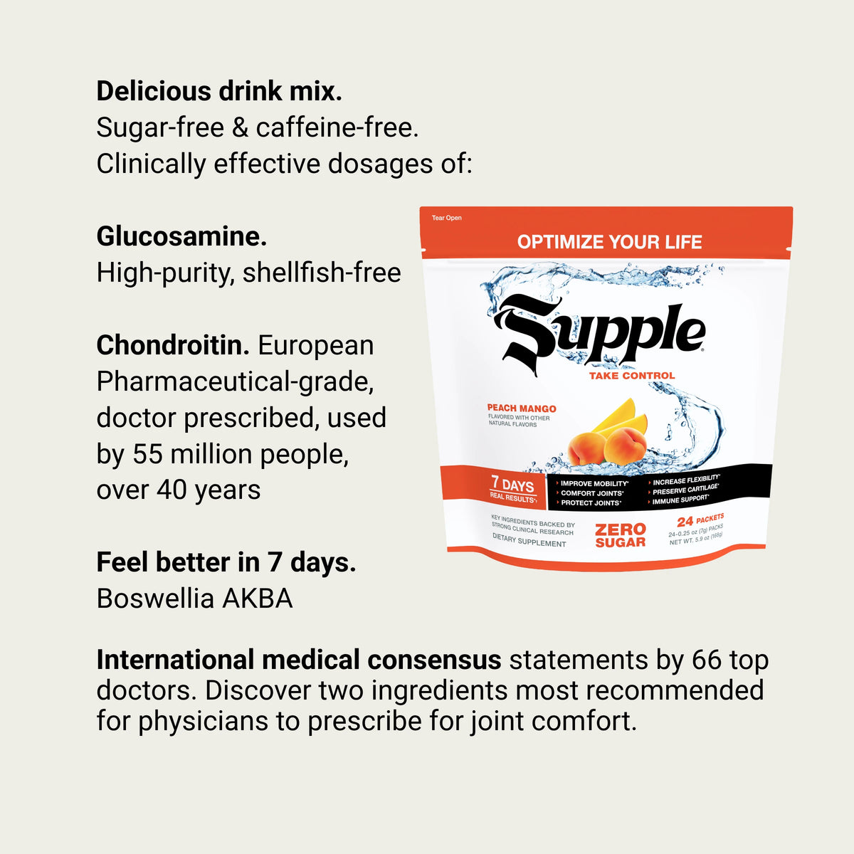 Supple Drink Instant joint supplements with glucosamine drink ingredients, including glucosamine and European pharmaceutical-grade chondroitin.