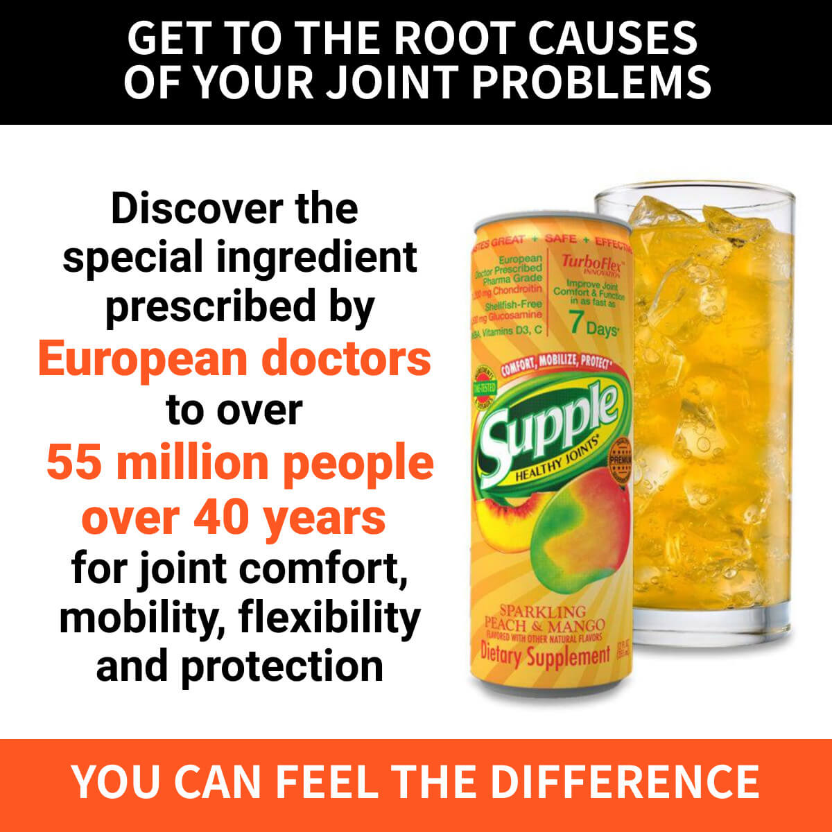 Supple Drink can & glass of Supple on ice with facts about doctor prescribed chondroitin.