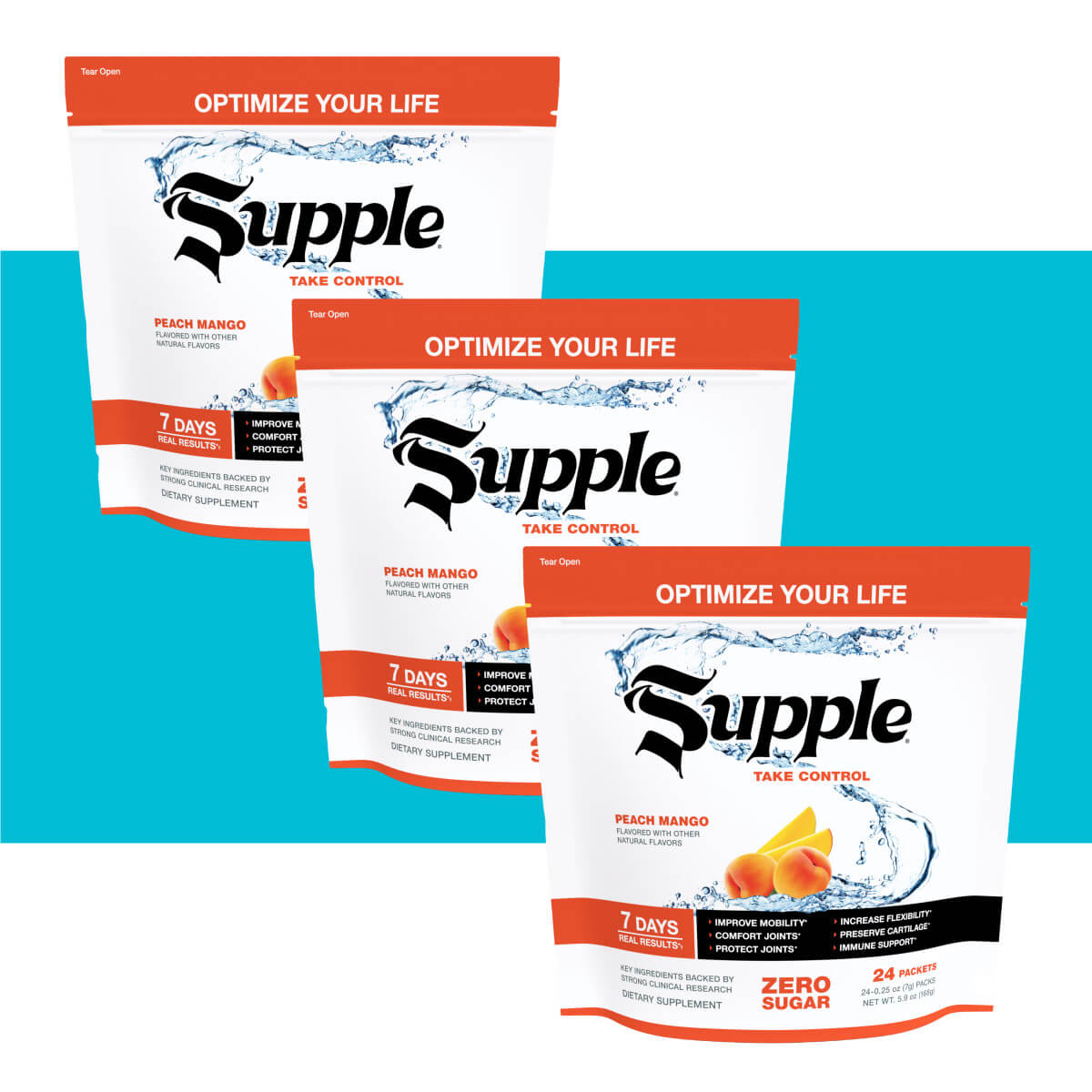 Supple Instant with glucosamine chondroitin 3 bags on diagonal with blue background stripe.