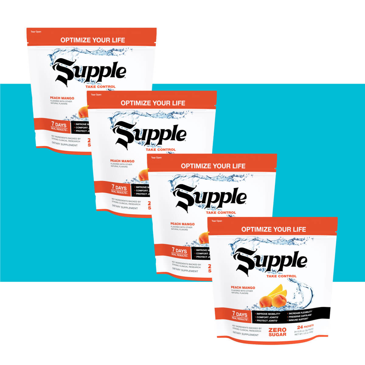 Supple Instant with glucosamine 4 bags on diagonal overlapping with blue background stripe. Tip: Strong muscles help knee pain relief.
