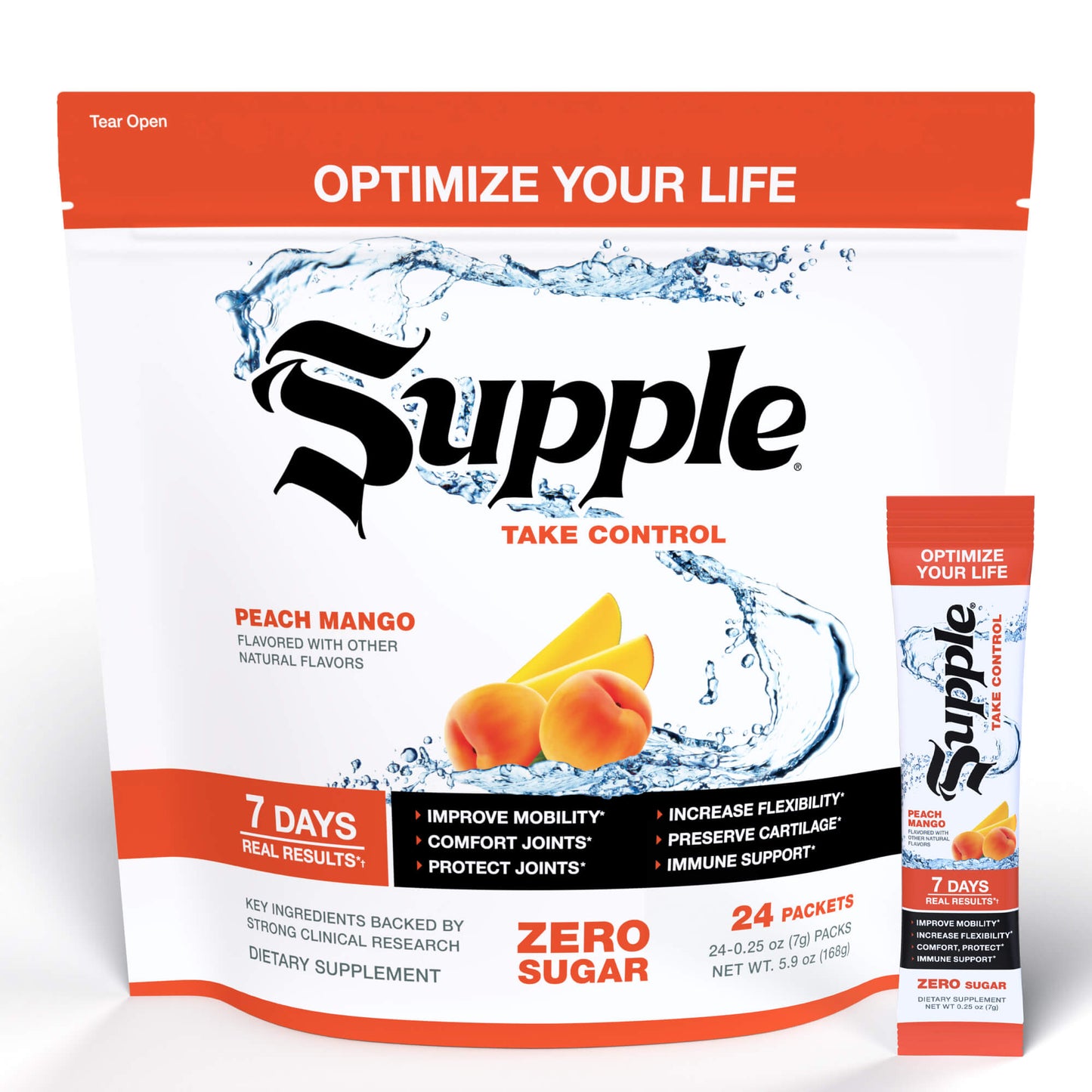 Supple Drink Instant dietary supplement with glucosamine chondroitin bag front with stick.