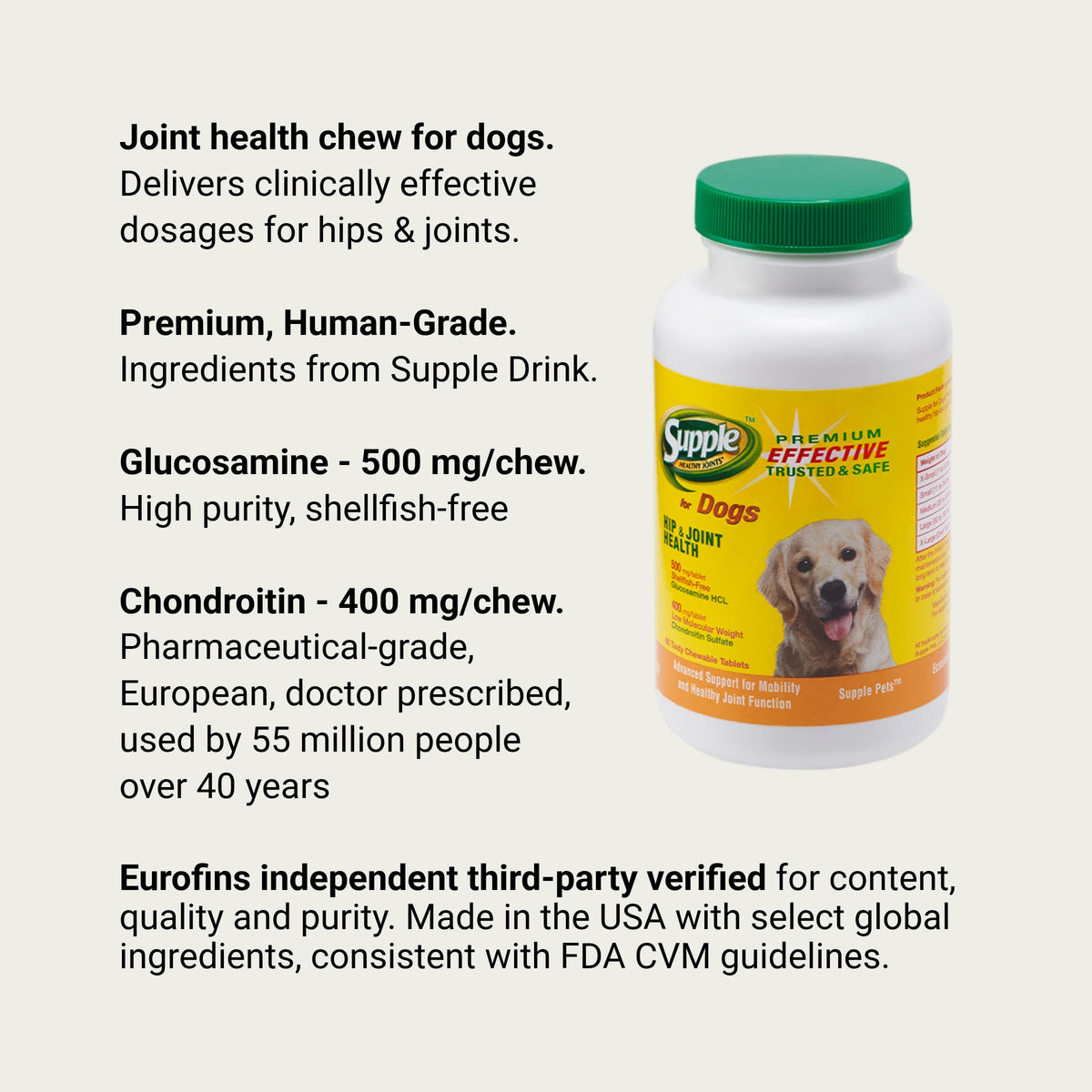 Supple Pets joint supplements for dogs with human-grade glucosamine and European pharmaceutical-grade chondroitin for joint support.