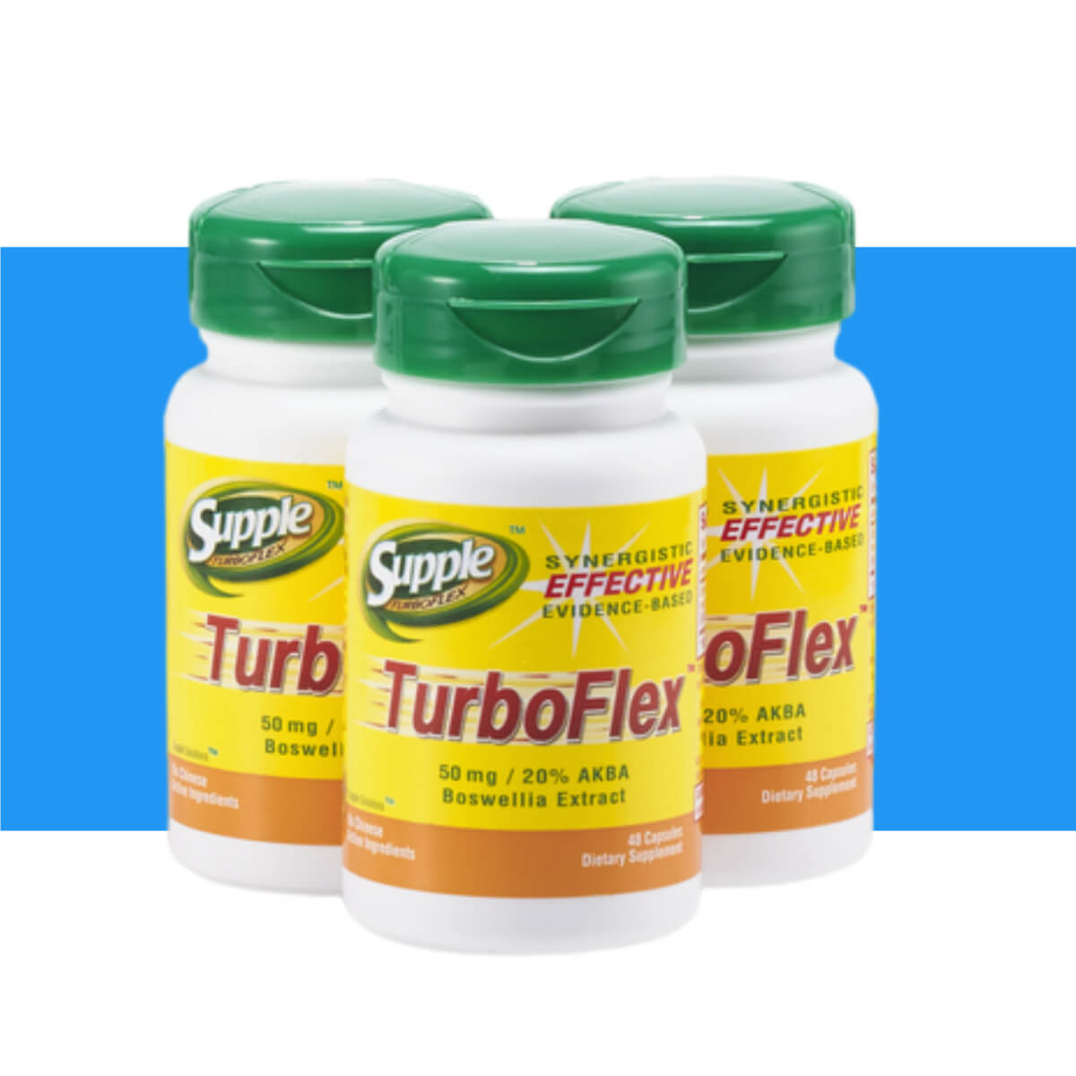 Supple TurboFlex with boswellia serrata 3 bottles, 144 capsules, with blue stripe.