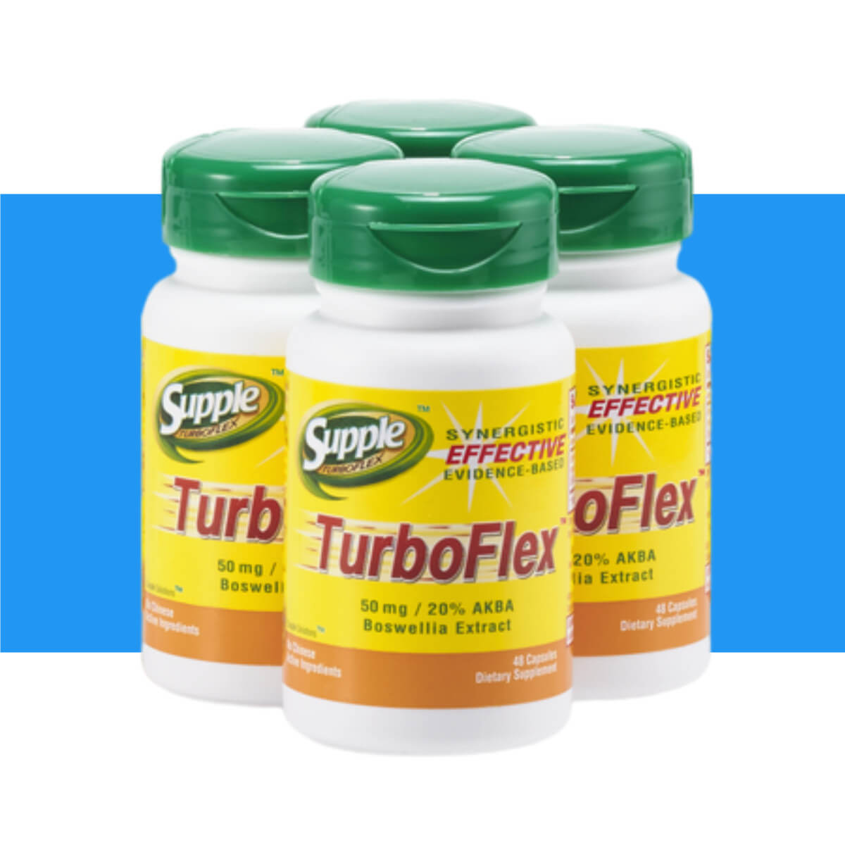 Supple TurboFlex with boswellia serrata 4 bottles, 192 capsules, with blue stripe.