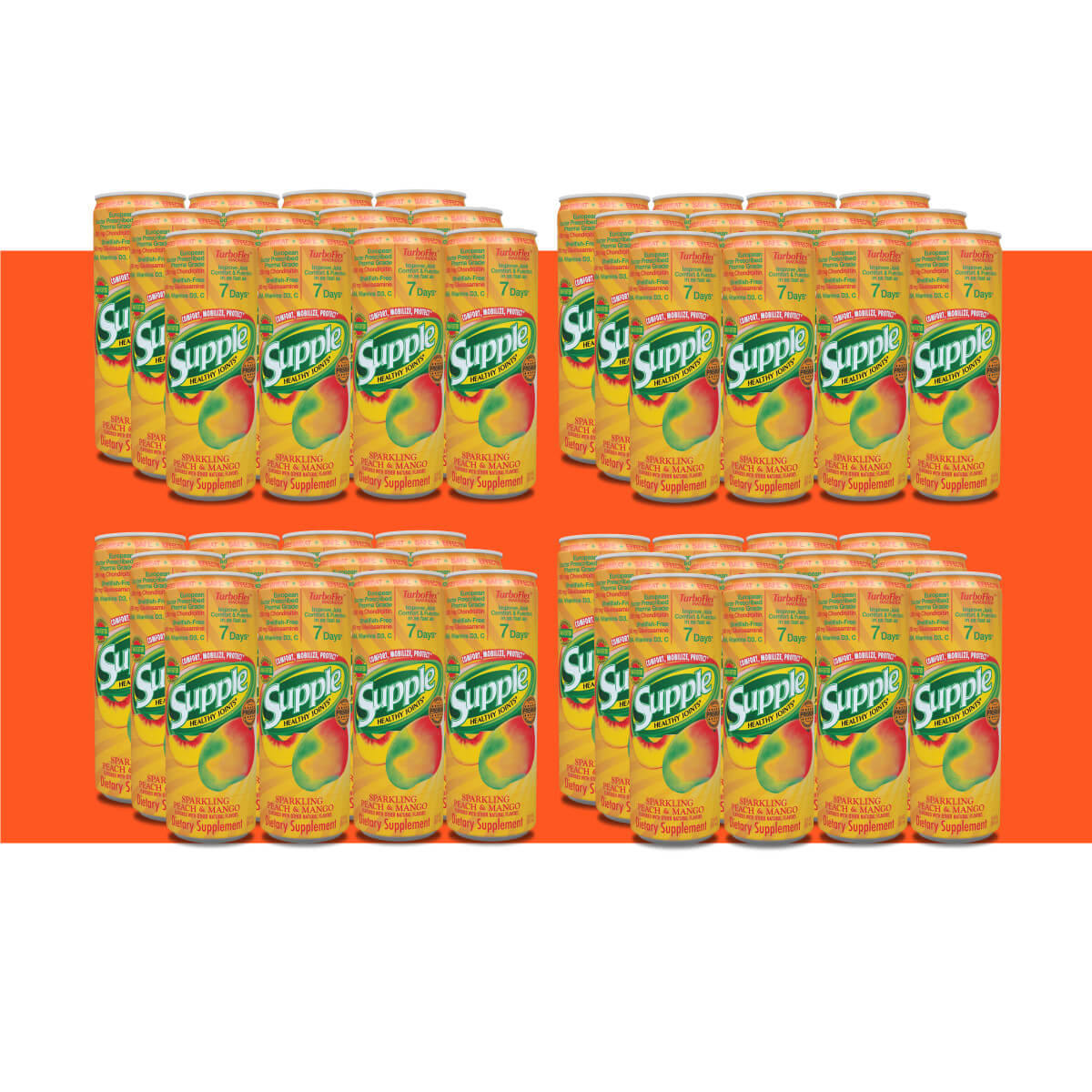 Supple Drink with glucosamine 4 cases, 48 cans, with orange stripe. Tip: Strong muscles help knee pain relief.