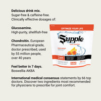 Supple Drink Instant joint supplements with glucosamine drink ingredients, including glucosamine and European pharmaceutical-grade chondroitin.