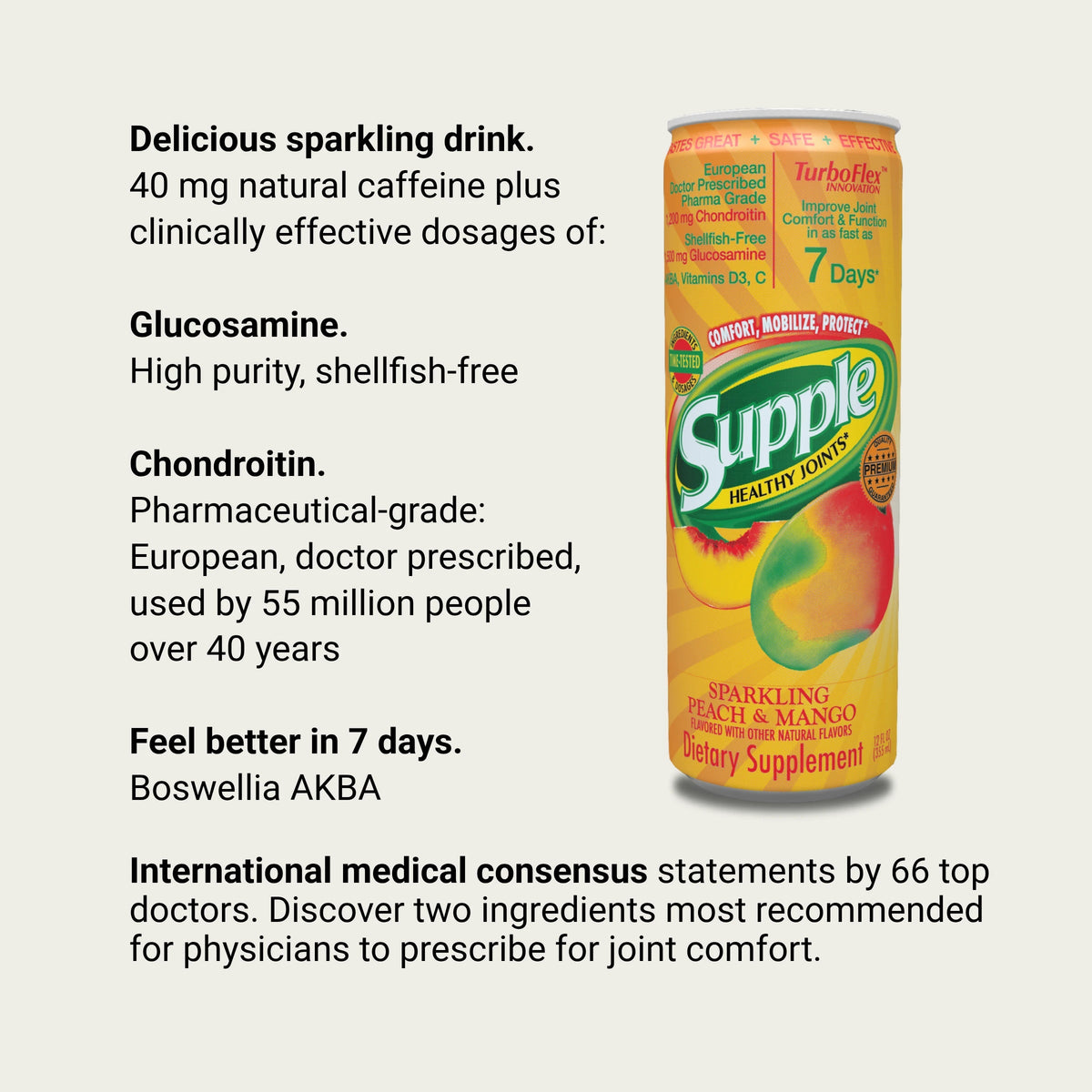 Supple Drinks joint supplements with glucosamine drink, European pharmaceutical-grade chondroitin and glucosamine.
