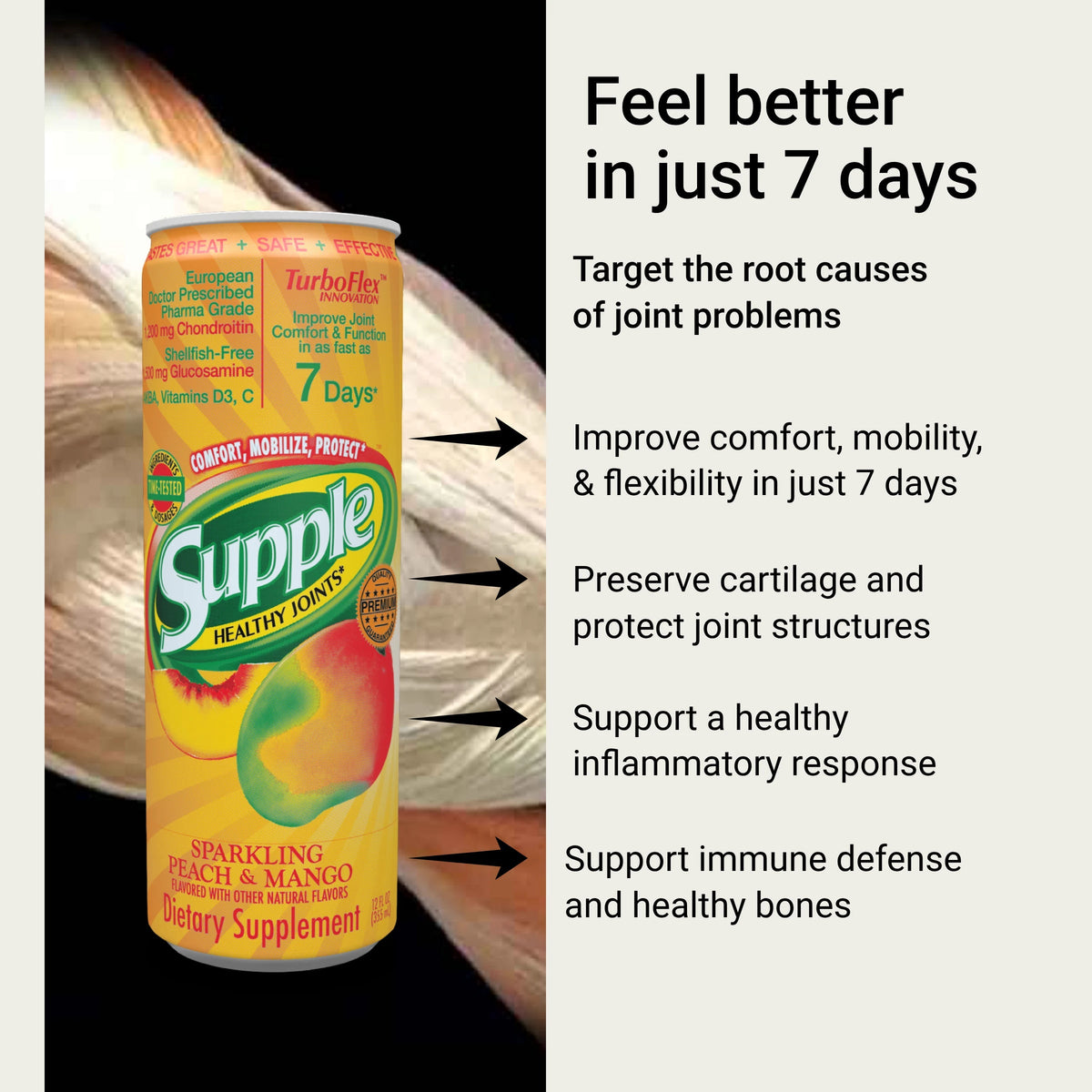 Supple Drink joint support with glucosamine drink benefits for comfort, mobility and flexibility, plus joint health supplements.