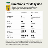 Supple Pets dog joint chews daily directions by dog weight for the first six weeks and ongoing joint health maintenance.