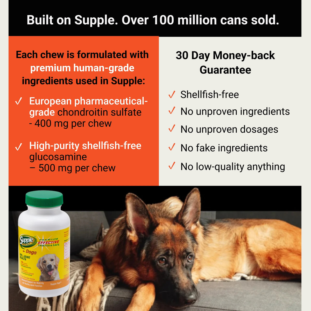 Supple Pets joint care chews with human-grade ingredients, European pharmaceutical-grade chondroitin and high-purity shellfish-free glucosamine.
