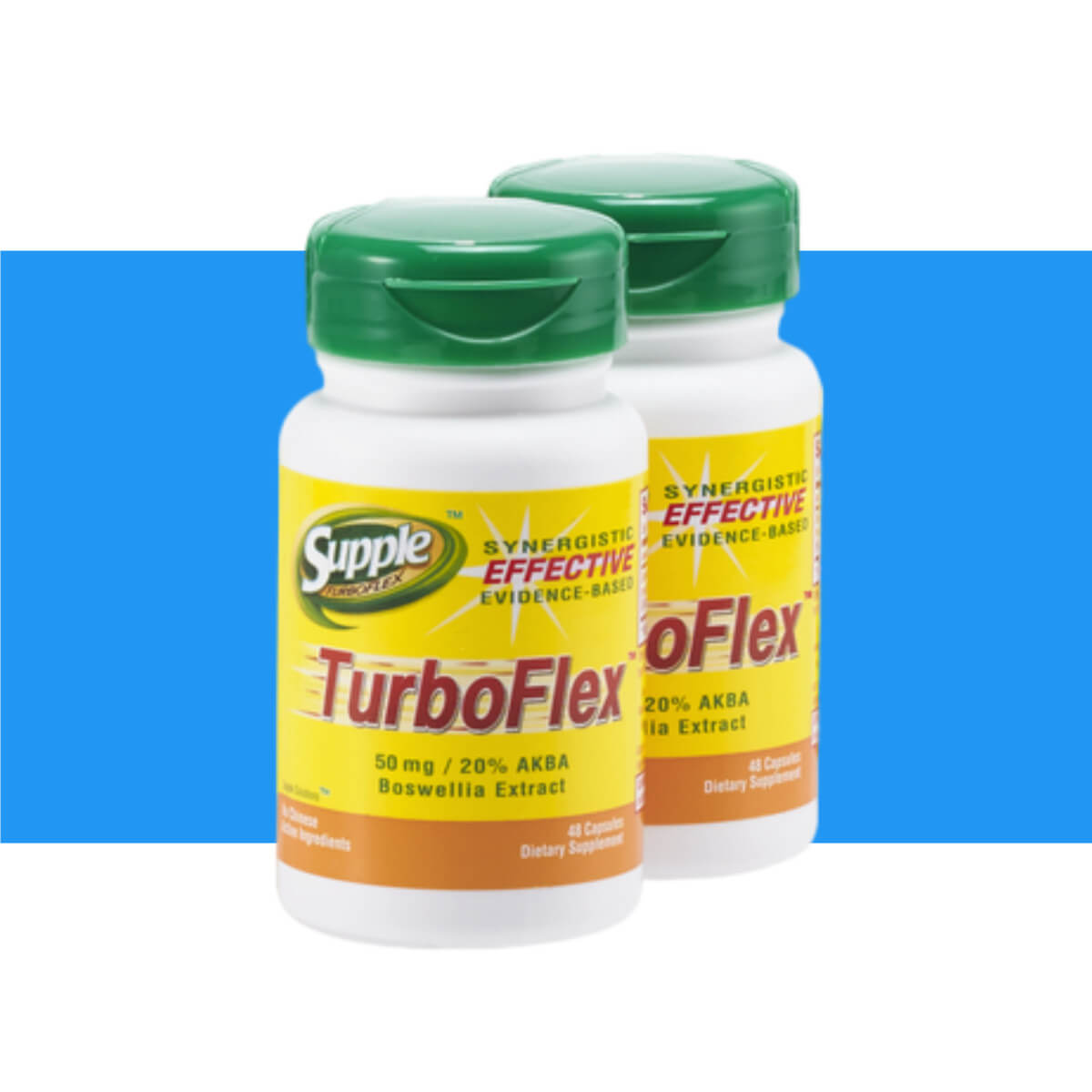Supple TurboFlex with boswellia serrata 2 bottles, 96 capsules, with blue stripe. Tip: Strong muscles help joint pain relief.