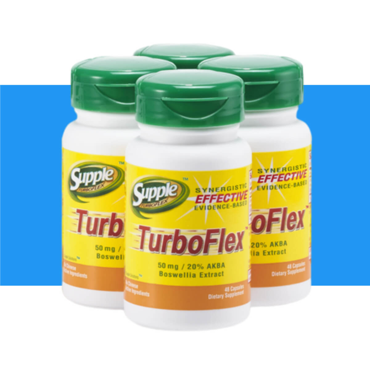 Supple TurboFlex with boswellia serrata 4 bottles, 192 capsules, with blue stripe. Tip: Strong muscles help knee pain relief.