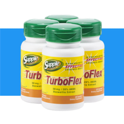 Supple TurboFlex with boswellia serrata 4 bottles, 192 capsules, with blue stripe. Tip: Strong muscles help knee pain relief.