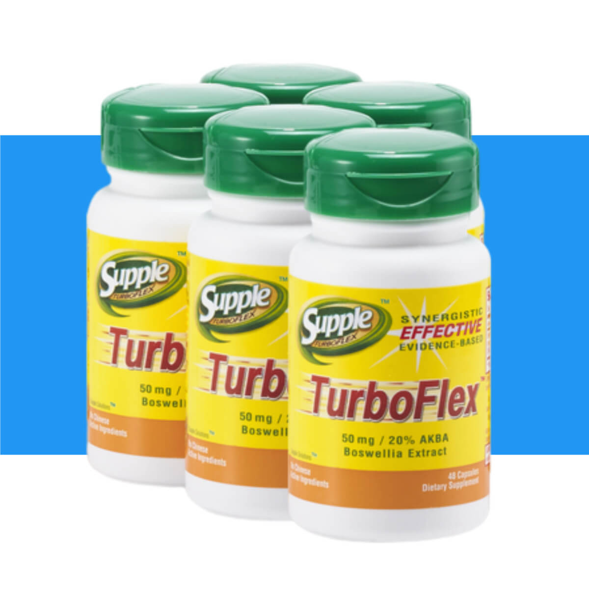 Supple TurboFlex with boswellia serrata 5 bottles, 240 capsules, with blue stripe. Tip: Strong muscles help hand pain relief.
