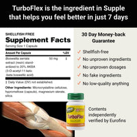 Supple TurboFlex supplement facts with Boswellia AKBA, joint vitamins positioning and Eurofins verification for joint health supplements.