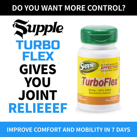 The words “Supple TurboFlex gives you joint relief” next to TurboFlex bottle. Tip: Strong leg muscles help knee pain.